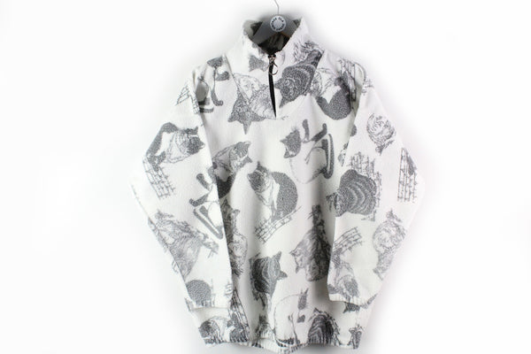 Vintage Cat Fleece 1/4 Zip Small white gray big logo cat lover 80s ski fun sweater