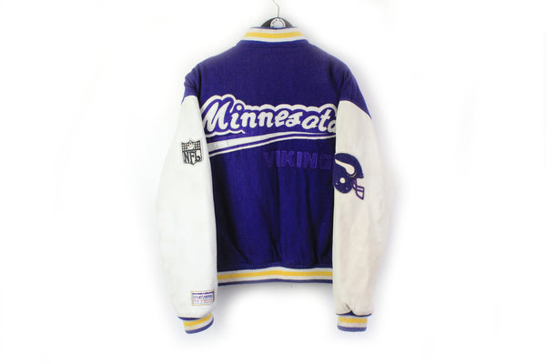 Vintage Vikings Minnesota Jacket Medium / Large big logo Varsity jacket leather sleeves 90s NFL sport purple football jacket