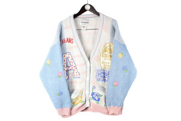 Vintage No! Jeans Cardigan multicolor beige  big logo retro classic deep v-neck jumper 80s 90s