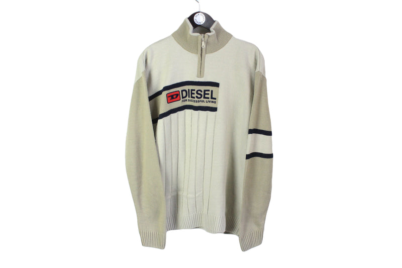 Vintage Diesel Bootleg Sweater Large beige 90's 1/4 zip retro style big logo jumper