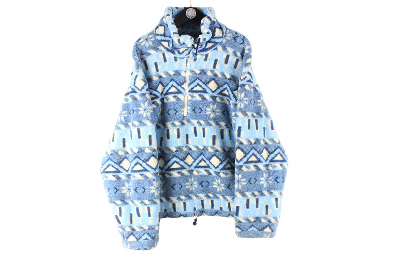 Vintage Fleece 1/4 Zip XXLarge blue abstract pattern 90s retro sport style sweater ski cozy warm jumper