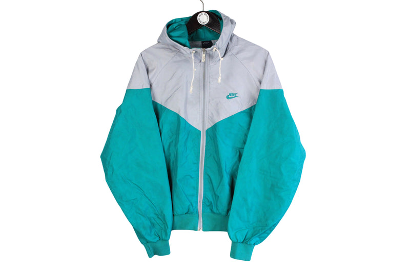Vintage Nike Jacket Medium size men's hooded windbreaker full zip sport coat green gray authentic track clothing small logo swoosh 80s