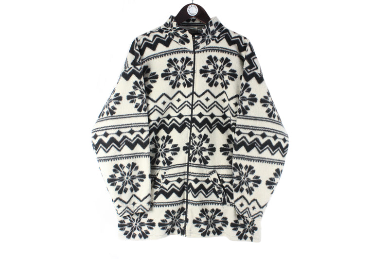 Vintage Meryll Fleece Full Zip Women's Medium abstract pattern white black winter ski style sweater 90s