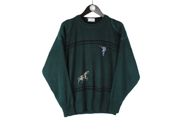 Vintage Sweater Medium size retro rare men's knit knitted pullover crewneck front embroidery logo green winter sweat 90's 80's streetwear 
