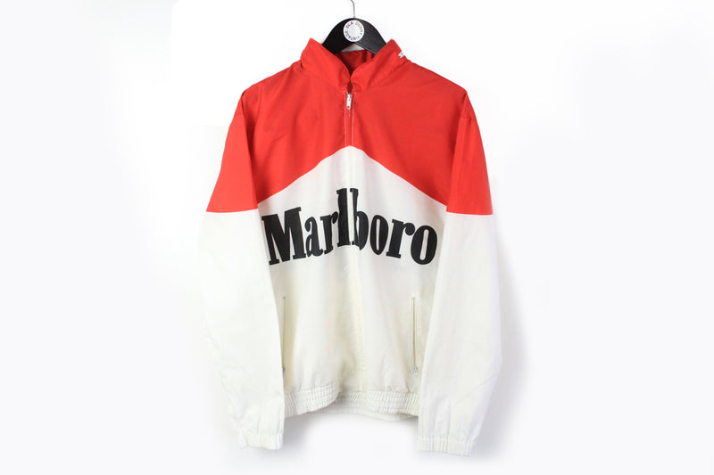 Vintage Marlboro Jacket Large red white big logo 90s windbreaker retro style full zip Cigarettes F1 Formula 1 light wear