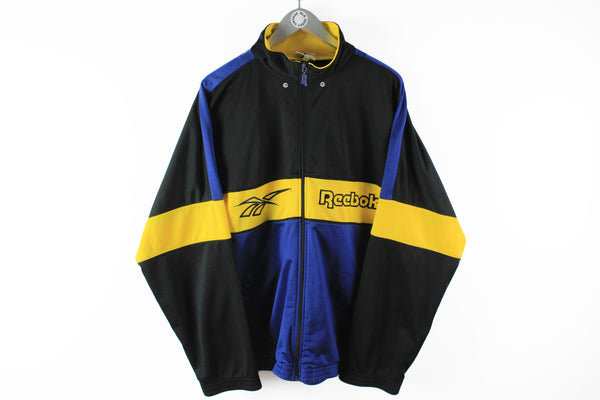 Vintage Reebok Track Jacket XLarge big logo black multicolor yellow blue 90s sport jacket