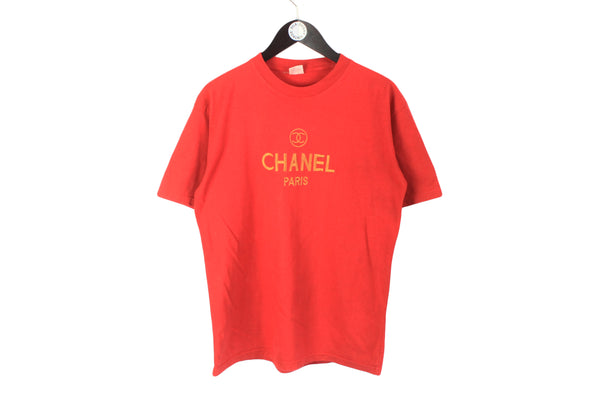 Vintage Chanel Bootleg Big Embroidery Logo T-Shirt Medium / Large red gold 90's crew acid dope tee