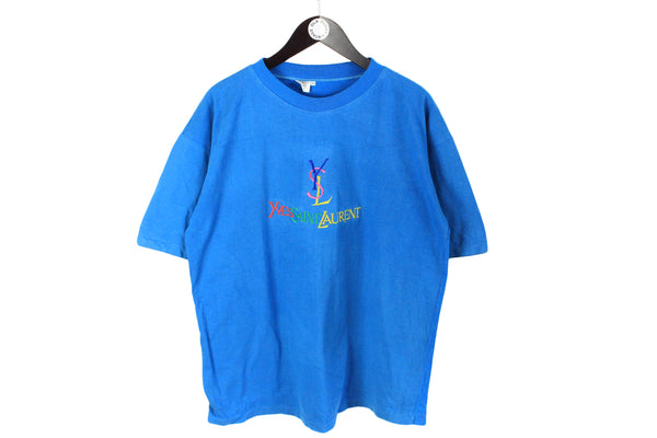 Vintage Yves Saint Laurent Bootleg Big Embroidery Logo T-Shirt Large / XLarge multicolor acid style 90's YSL cotton tee