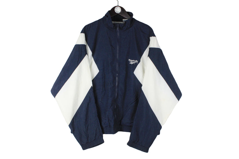 Vintage Reebok Track Jacket XLarge size men's authentic athletic navy blue white multicolor suit sport running fitness full zip windbreaker front logo 90's 80's