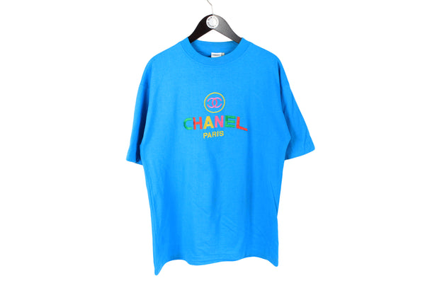 Vintage Chanel Bootleg Big Embroidery Logo T-Shirt Large / XLarge blue multicolor crazy style 90s tee