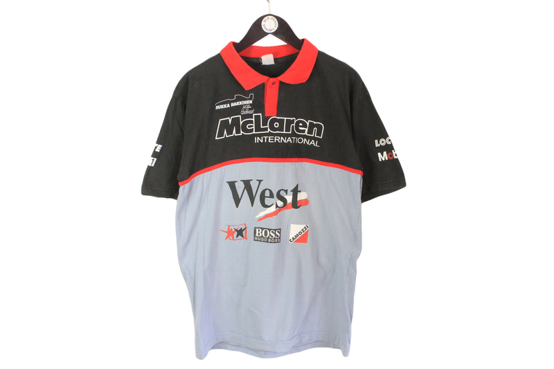 Vintage McLaren Mika Hakkinen Polo T-Shirt Large Gray West Hugo Boss 90's Formula 1 F1 tee