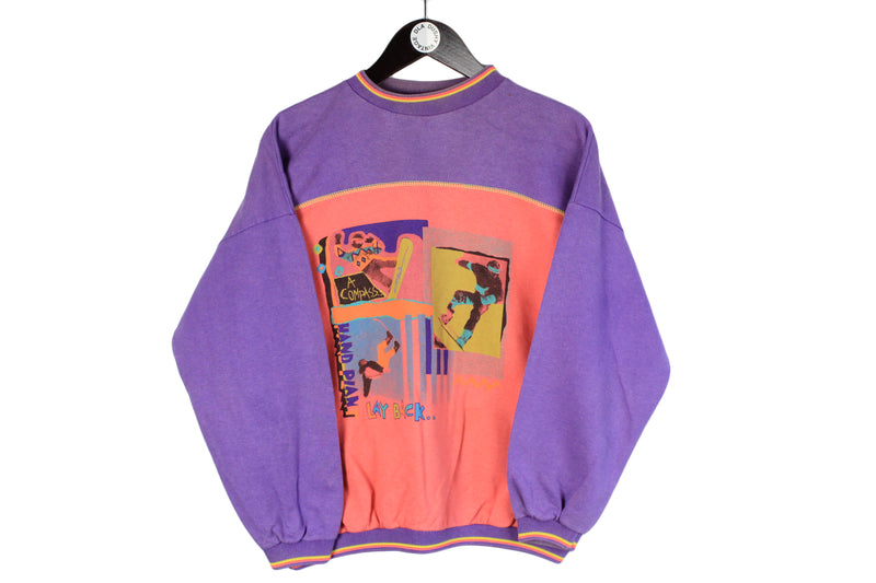 Vintage Snowboard Sweatshirt Women's Small Oversize pullover bright multicolor 90's retro style 80's wear crew neck jumper purple acid long sleeve athletic sweat