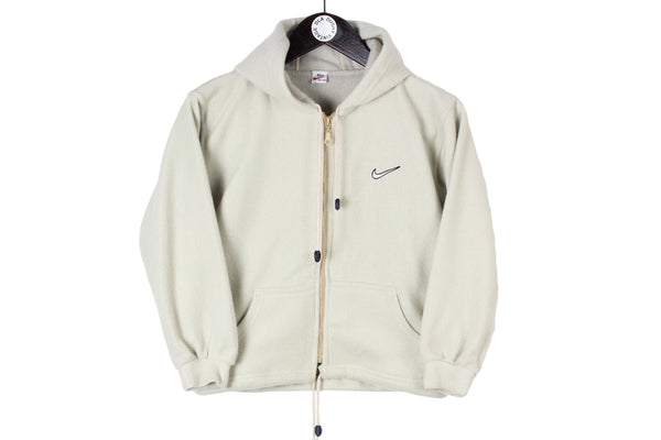 Vintage Nike Bootleg Fleece Kids wear hooded full zip beige sweatshirt big logo swoosh USA 90's street style athletic sweat