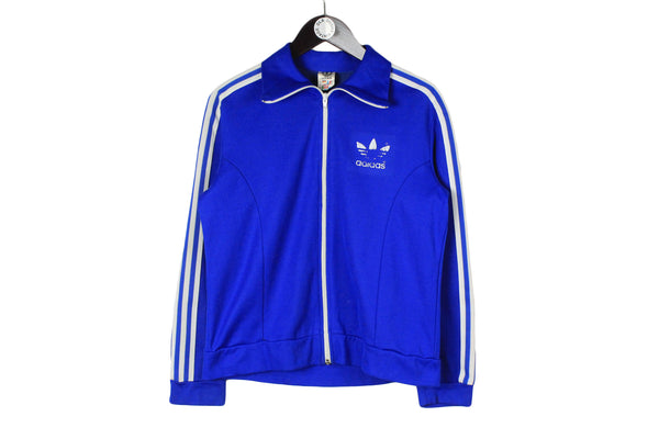 Vintage Adidas Track Jacket Women's Medium size blue 80's style full zip sport coat authentic athletic style classic training wear tree streeps brand