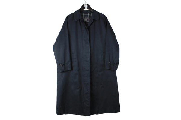 Vintage Burberry Coat Women's Medium size luxury classic trench navy blue rare retro 90's 80's autumn wear long fit basic jacket