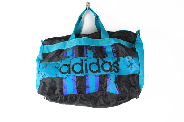 Vintage Adidas Duffel Bag black blue big logo 90's style travel gym bag