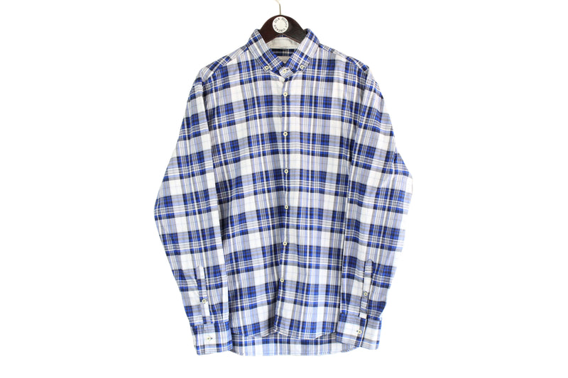 Balmain Shirt Large size men's classic luxury wear collared long sleeve plaid pattern button up blue white