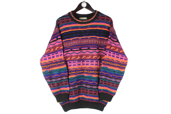 Vintage Conte of Florence Sweater Medium made in Italy multicolor pink purple 90s retro 3D pattern Africa style Australian pullover