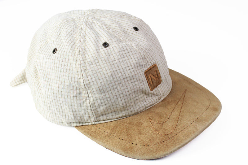 Vintage Nike Cap beige 90s sport big swoosh logo brown retro style made in USA hip hop hat