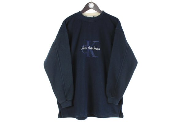 Vintage Calvin Klein Bootleg Sweatshirt  navy blue big logo 90s crewneck made in USA sport style streetwear rave party pullover
