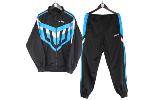 Vintage Adidas Track Suit Medium size men's classic sport suit track jacket and pants black blue full zip big logo 90's style authentic athletic clothing training running