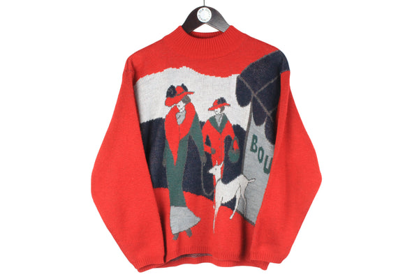 Vintage Sweater red fashion 90s human pattern womens dog lady 80s pullover