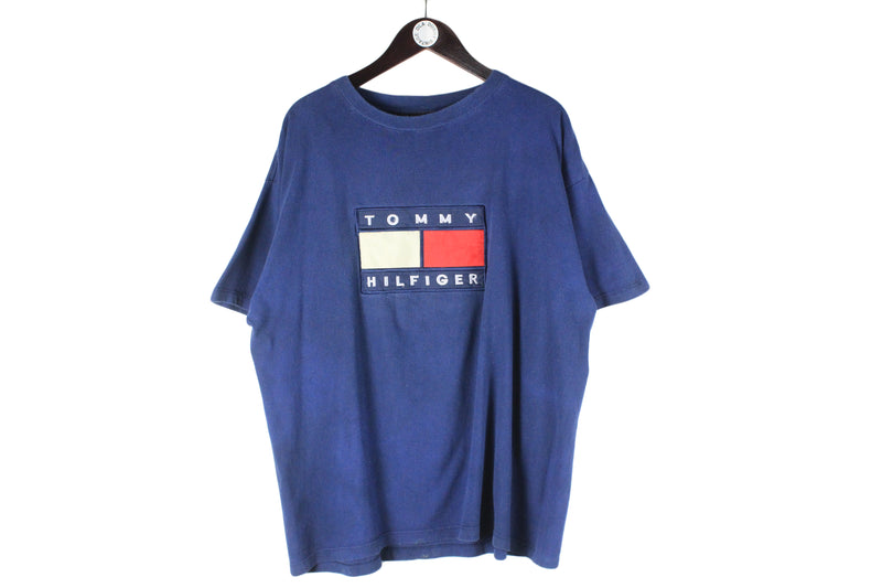 Vintage Tommy Hilfiger T-Shirt XXLarge navy blue big logo 90s retro bootleg sport style jumper