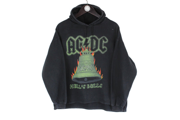 Vintage AC/DC Hoodie Women's Medium size black sweatshirt hooded big logo merch hard rock music pullover cotton long sleeve 90's style