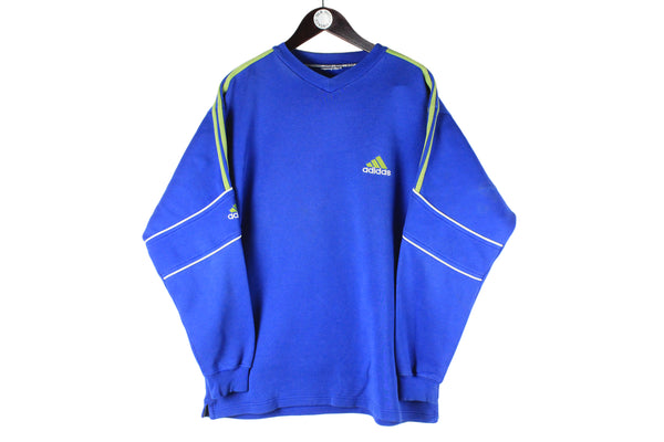 Vintage Adidas Sweatshirt Large blue v-neck jumper 90s sport style small logo