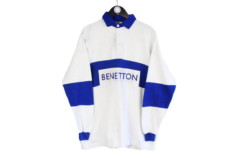 Vintage United Colors of Benetton Rugby Shirt Large size rare sweatshirt white blue collared pullover big logo 90's style retro long sleeve button up jumper made in Italy classic