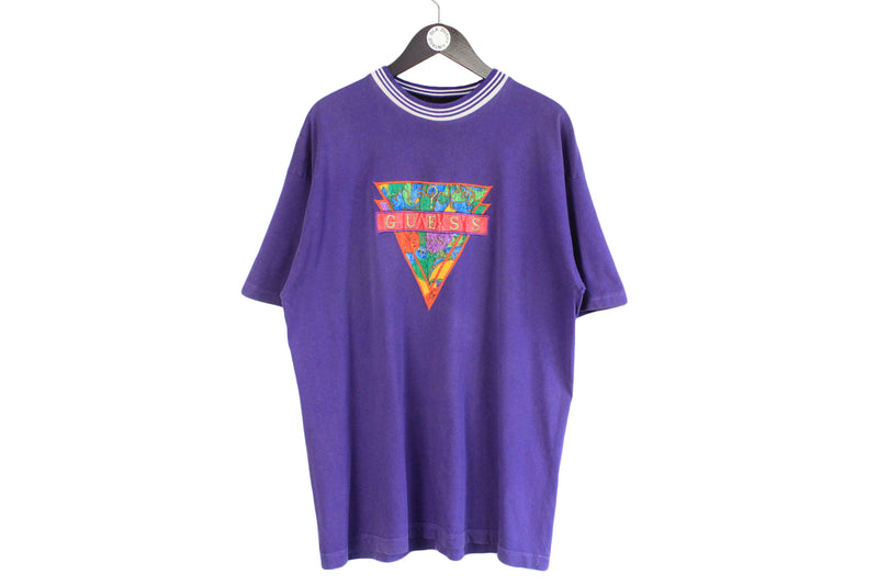 Vintage Guess T-Shirt XLarge size men's oversize bright rare tee purple acid big logo summer top crew neck short sleeve 90's style luxury brand wear