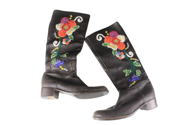 Vintage Miu Miu Boots Women's EUR 37 Floral Embroidery Suede brown luxury rare retro winter shoes 90s