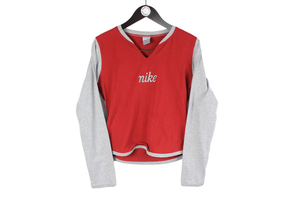 Vintage Nike Long Sleeve T-Shirt Women's red small logo v-neck women's retro sweatshirt