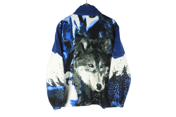 Vintage Wolf Fleece Full Zip Medium wild pattern animal nature print 90s retro heavy sweater outdoor winter cardigan