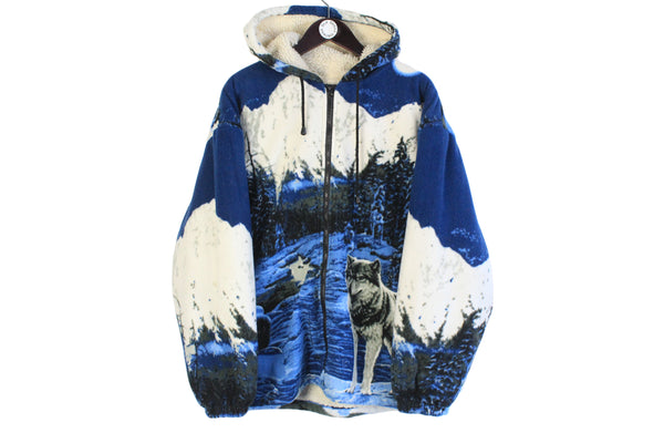 Vintage Wolf Fleece Large / XLarge size men's oversize hooded sweatshirt animal pattern warm winter full zip hoodie street style sweat outdoor 90's 80's retro outfit