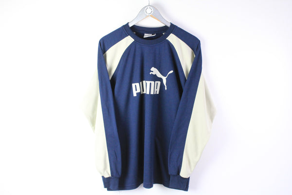 Vintage Puma Sweatshirt Medium blue gray 90s big logo retro Germany style jumper