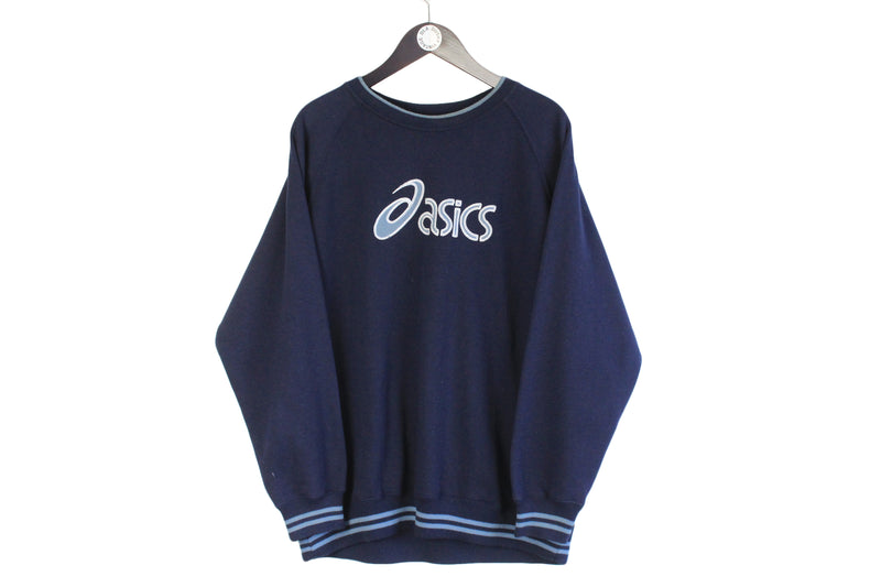 Vintage Asics Sweatshirt Large size men's oversize big logo navy blue pullover crew neck long sleeve authentic athletic classic retro wear Japan sport style