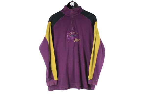 Vintage Asics Sweatshirt 1/4 Zip Medium purple big logo 90s retro sport style jumper Japan brand