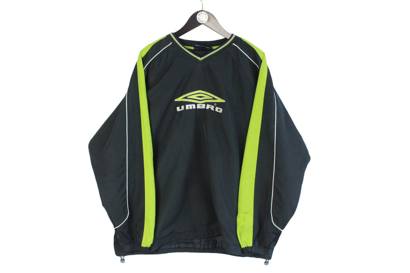 Vintage Umbro Sweatshirt XLarge size men's oversize windbreaker black acid green big logo v-neck sport outfit authentic athletic rare bright