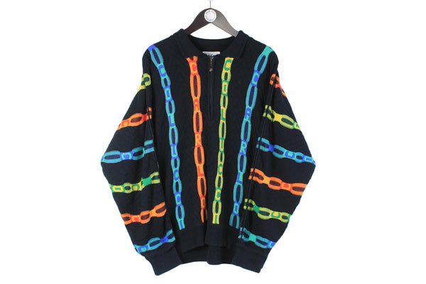 Vintage Carlo Colucci Sweater XLarge multicolor 1/4 zip retro style 3d pattern authentic 90s jumper
