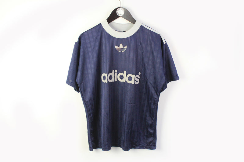 Vintage Adidas T-Shirt Small techno 90s rave party style big logo navy blue white rare jersey tee