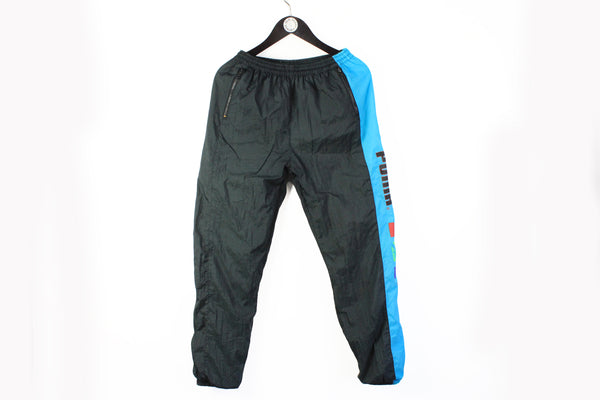 Vintage Puma Track Pants Medium black blue big logo 90s retro style sport athletic trousers