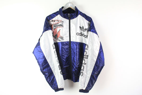 Vintage Adidas Track Jacket Medium blue white big logo 80s sport windbreaker