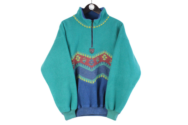 Vintage Polartec Fleece 1/4 Zip Large blue green 90s Sweater retro ski jumper