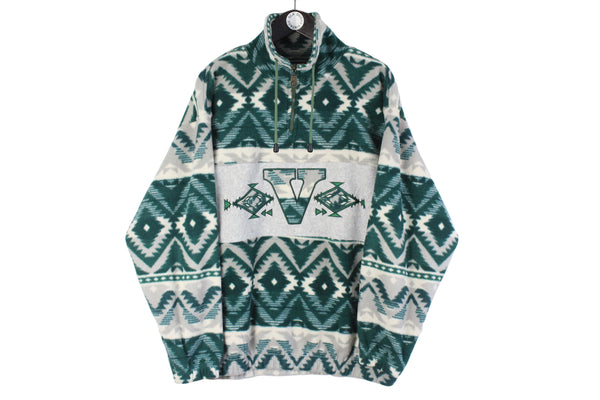 Vintage Vinci Fleece 1/4 Zip Large green abstract pattern 90s big logo sweater 