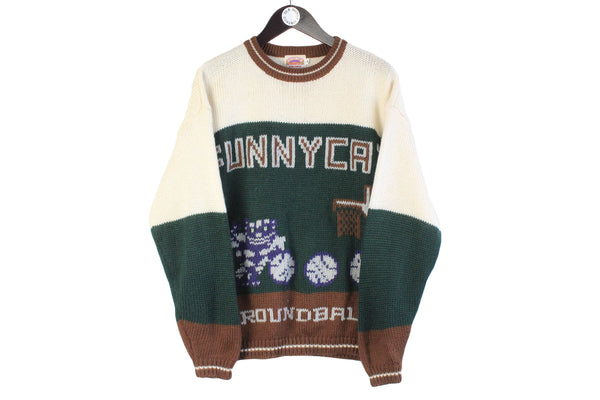 Vintage Funny Cat Roundball Sweater Large white green 90s retro pullover jumper