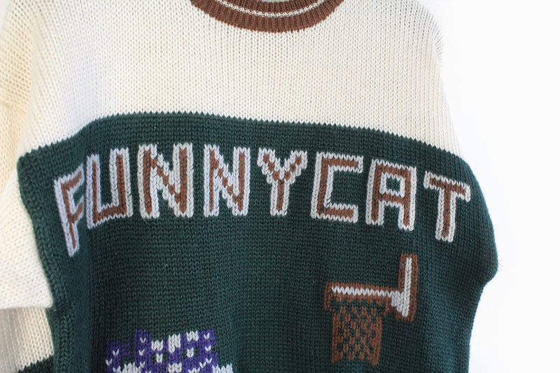 Vintage Funny Cat Roundball Sweater Large