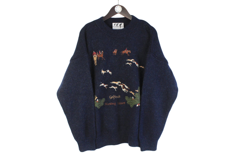 Vintage Golfino "Hunting Season" Sweater XLarge blue dogs hunters 90s golf pullover retro jumper