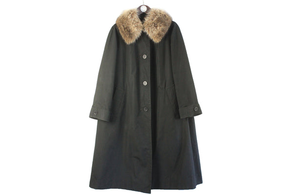 Vintage Aquascutum Coat Women’s Large black long fit real fur 90s retro trench jacket 