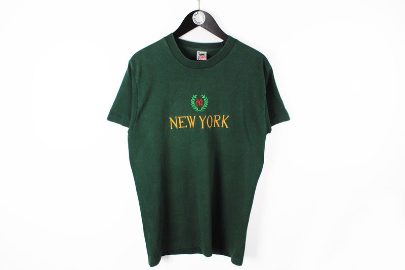 Vintage New York T-Shirt Large green embroidery logo 90s retro style Fruit of the Loom tee